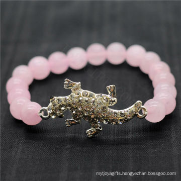 Rose Quartz 8MM Round Beads Stretch Gemstone Bracelet with Diamante alloy lizard Piece